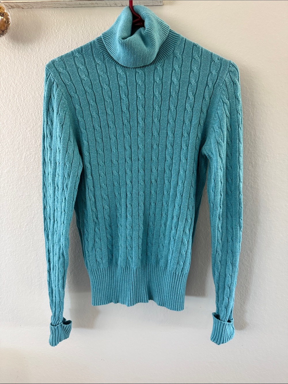 GAP Stretch Teal Cable-Knit Turtleneck Sweater